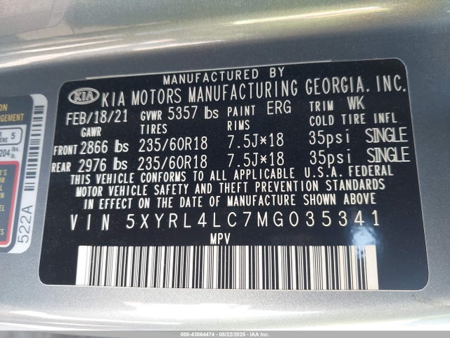 KIA gdi theta-iii 2021 5XYRL4LC7MG035341 Image 9