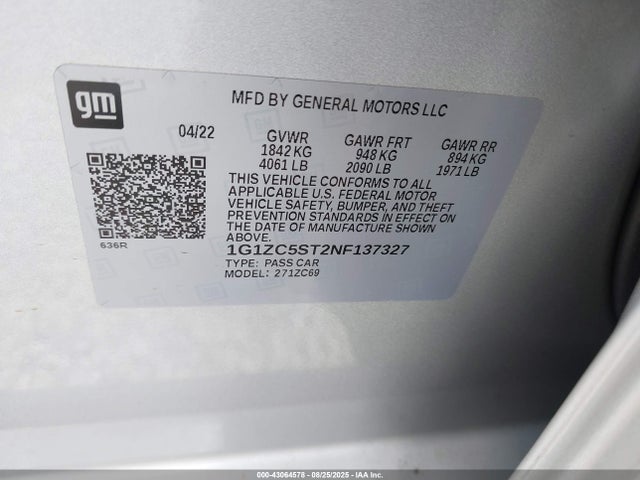 1G1ZC5ST2NF137327 Chevrolet lfv - direct injection, variable valve timing, gen 1 gmna