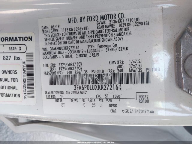 3FA6P0LUXKR272164 Ford 2019
