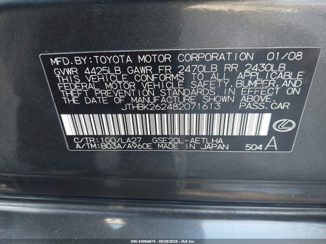 43064674 :رقم المزاد ، JTHBK262482071613 vin ، 2008 Lexus Is 250 مزاد بيع