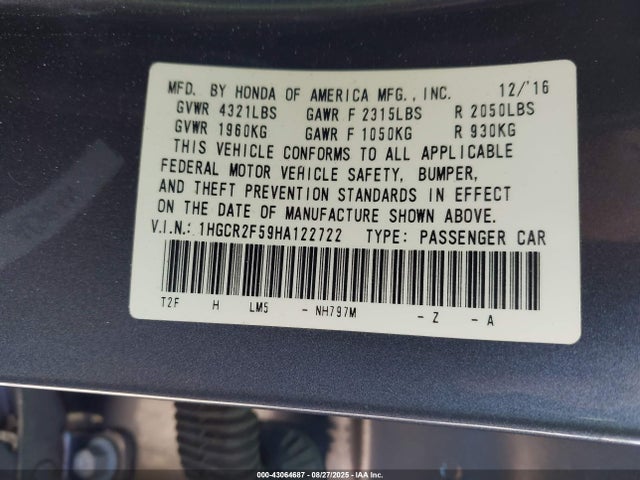 1HGCR2F59HA122722 Honda k24w1