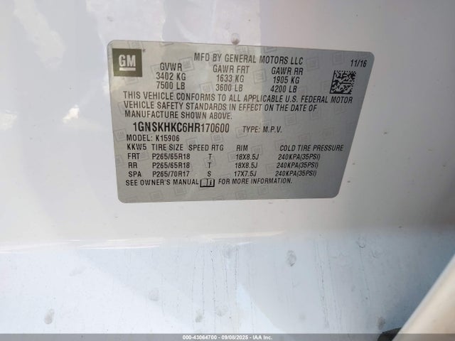 43064700 :رقم المزاد ، 1GNSKHKC6HR170600 vin ، 2017 Chevrolet Suburban Lt مزاد بيع
