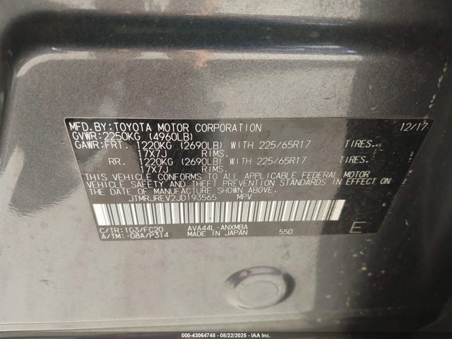 Toyota 2ar-fxe, 2jm+2fm 2018 JTMRJREV2JD193565 Image 9