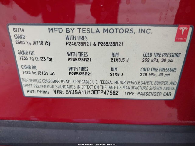2014 TESLA MODEL S 5YJSA1H13EFP47982 Photo 8