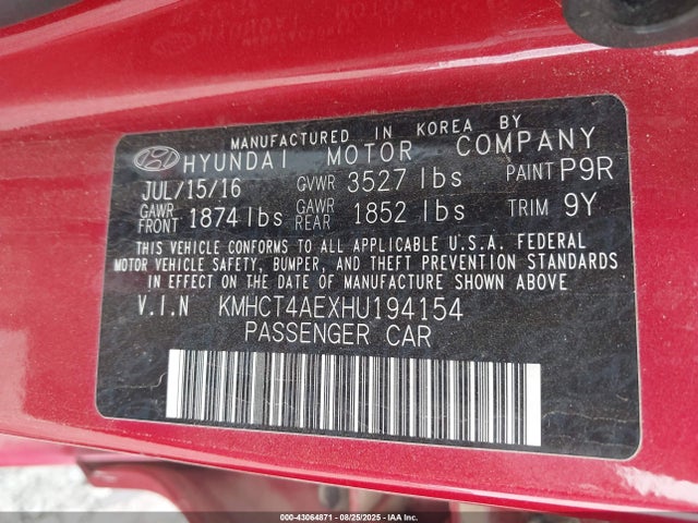 Продаж на аукціоні авто 2017 Hyundai Accent Se, vin: KMHCT4AEXHU194154, номер лоту: 43064871