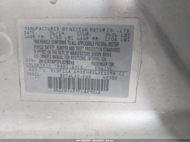 43064905 :رقم المزاد ، 3N1CN7AP7FL829018 vin ، 2015 Nissan Versa 1.6 S+ مزاد بيع