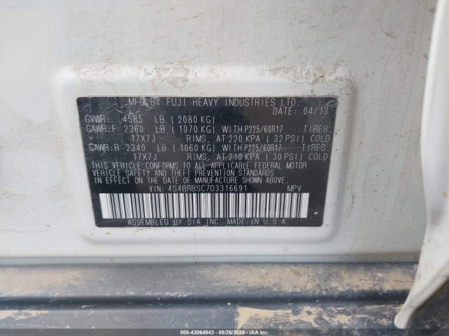 43064943 :رقم المزاد ، 4S4BRBSC7D3316691 vin ، 2013 Subaru Outback 2.5i Limited مزاد بيع