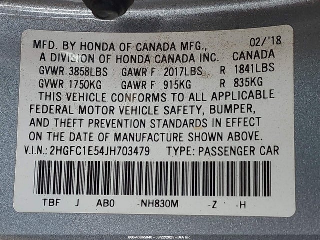 2HGFC1E54JH703479 Honda l15b7