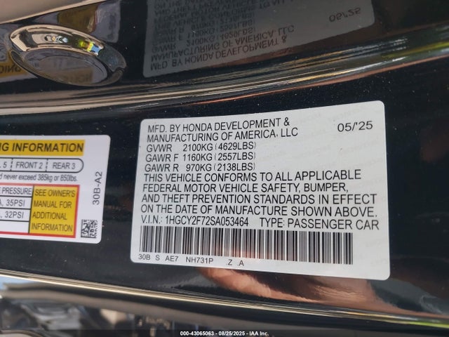 Honda lfc5 2025 1HGCY2F72SA053464 Image 9