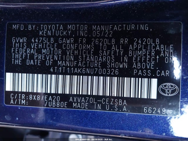 4T1T11AK6NU700326 Toyota a25a-fks