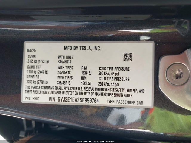 2025 TESLA MODEL 3 5YJ3E1EA2SF999764 Photo 8
