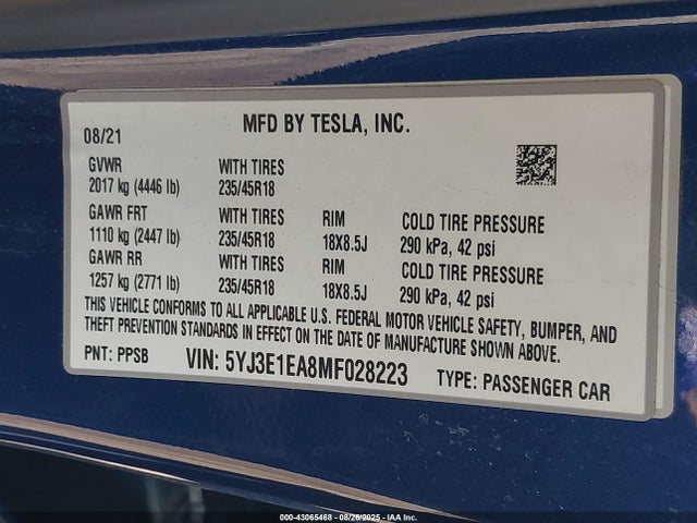 2021 TESLA MODEL 3 5YJ3E1EA8MF028223 Photo 8