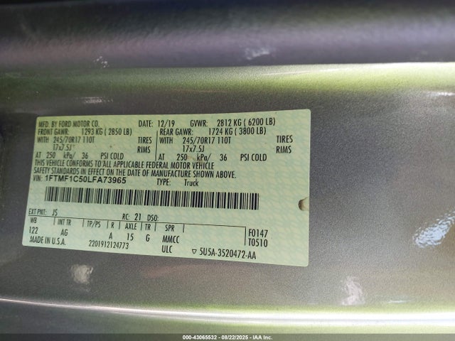 Ford 5.0l 4v 2020 1FTMF1C50LFA73965 Image 9