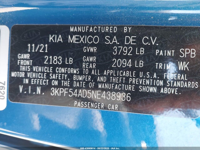 3KPF54AD5NE438936 KIA mpi nu