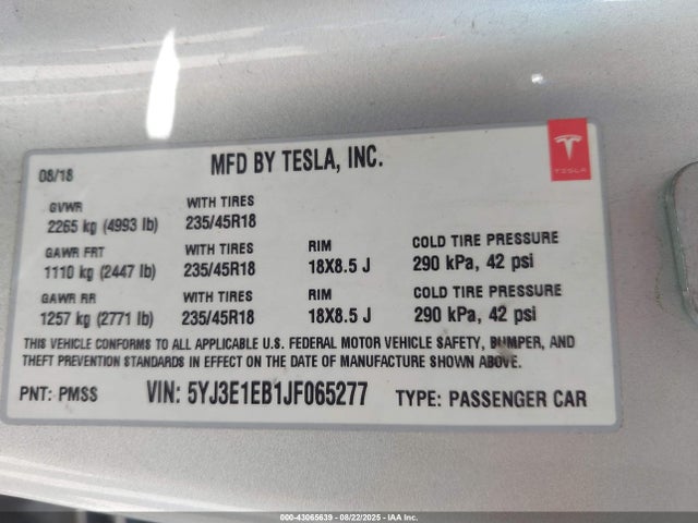 Tesla 2018 2018 5YJ3E1EB1JF065277 Image 9