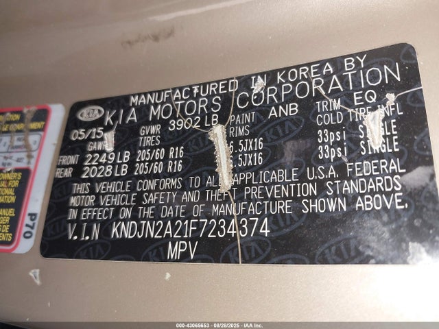 2015 Kia Soul მანქანა იყიდება აუქციონზე, vin: KNDJN2A21F7234374, აუქციონის ნომერი: 43065653