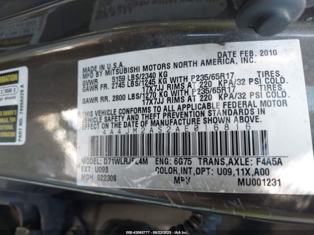 2010 MITSUBISHI ENDEAVOR 4A4JM2AS2AE016816 Photo 8