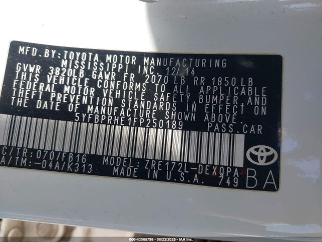 5YFBPRHE1FP250189 Toyota 2zr-fae