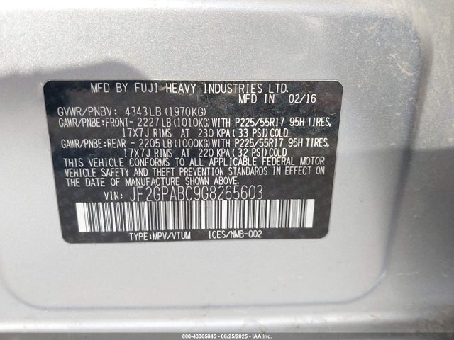Subaru naturally aspirated 2016 JF2GPABC9G8265603 Image 9