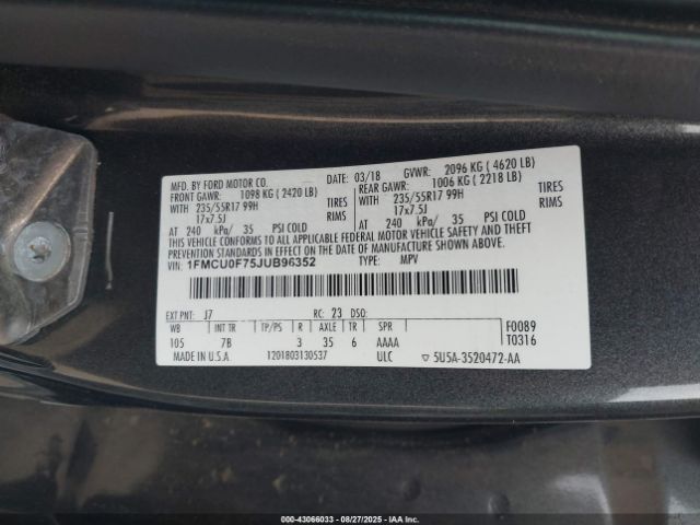 2018 FORD ESCAPE 1FMCU0F75JUB96352 Photo 8