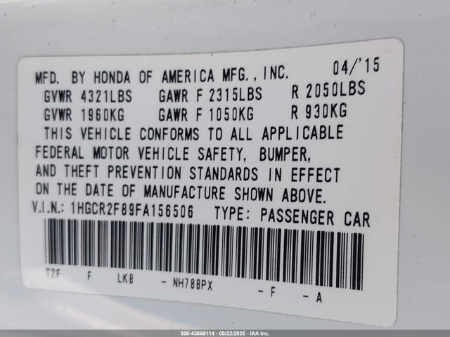 Honda k24w1 2015 1HGCR2F89FA156506 Image 9