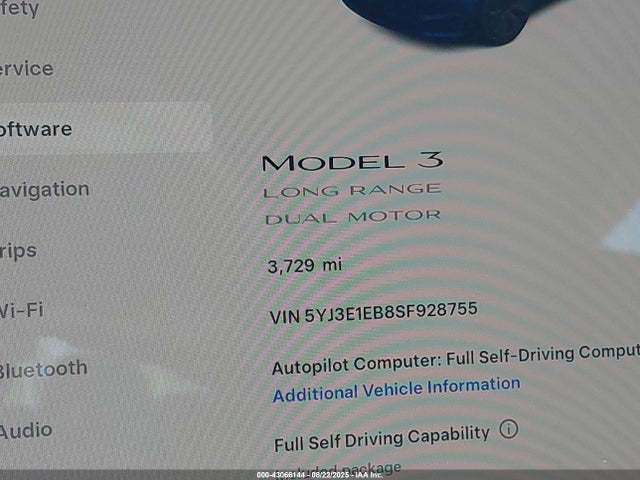 5YJ3E1EB8SF928755 Tesla MODEL 3