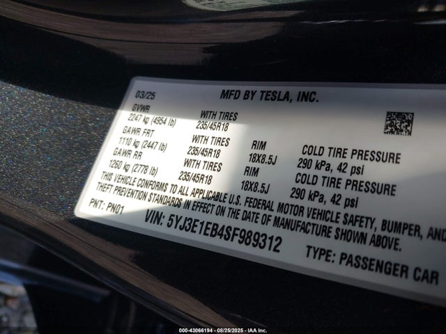 2025 TESLA MODEL 3 5YJ3E1EB4SF989312 Photo 8