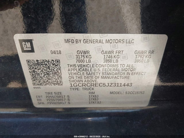 1GCRCREC5JZ311443 Chevrolet l83 - sidi: spark ignited direct injection, vvt: variable valve timing, afm, e85 max, alum