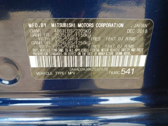 2019 MITSUBISHI OUTLANDER JA4AD2A36KZ032070 Photo 8