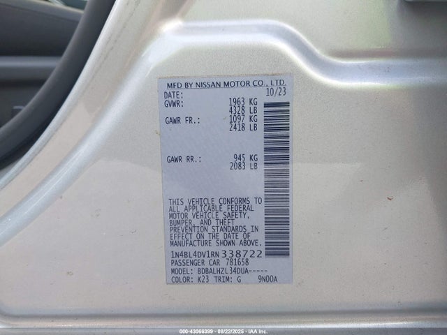 43066399 :رقم المزاد ، 1N4BL4DV1RN338722 vin ، 2024 Nissan Altima Sv Fwd مزاد بيع