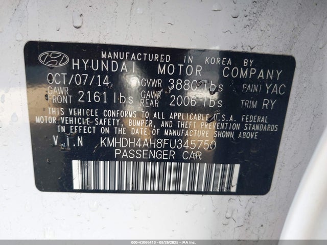 KMHDH4AH8FU345750 Hyundai dohc gdi nu