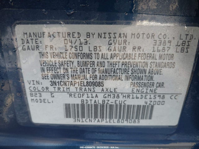 Nissan Versa 2014 3N1CN7AP1EL809085 Image 9