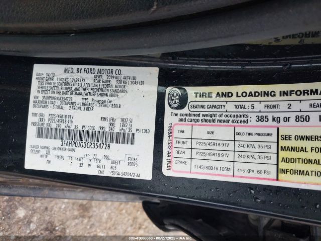 2012 FORD FUSION 3FAHP0JG3CR354728 Photo 8