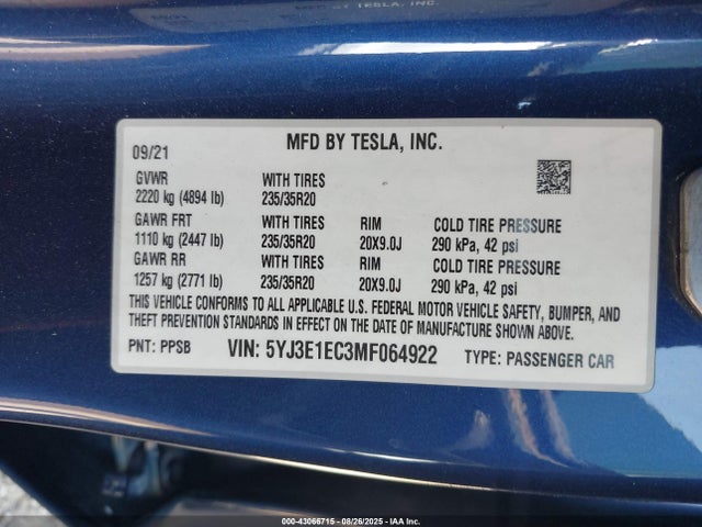 2021 TESLA MODEL 3 5YJ3E1EC3MF064922 Photo 8
