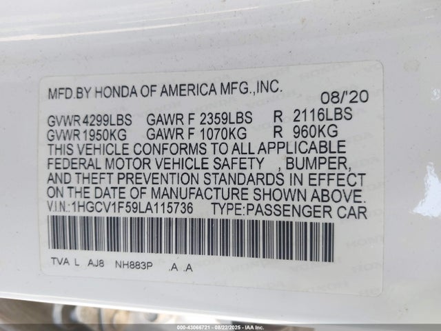 1HGCV1F59LA115736 Honda l15be