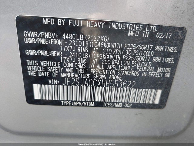 Subaru naturally aspirated u5 2017 JF2SJAGCXHH553622 Image 9