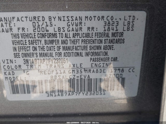 3N1AB7AP7FY232051 Nissan 2015
