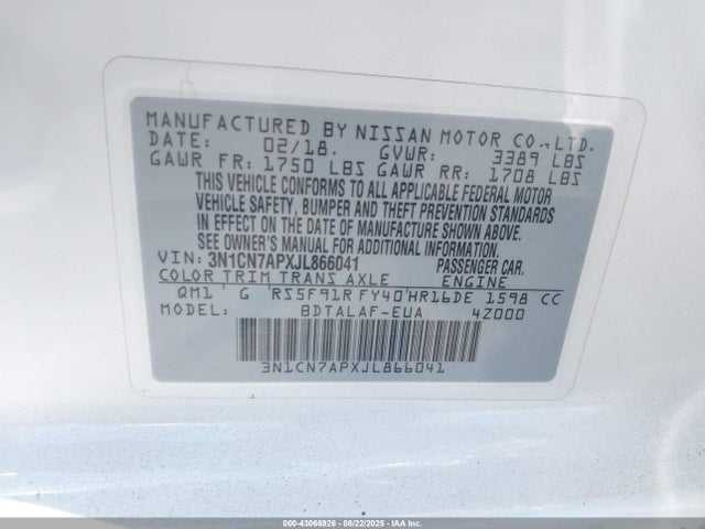 3N1CN7APXJL866041 Nissan Versa