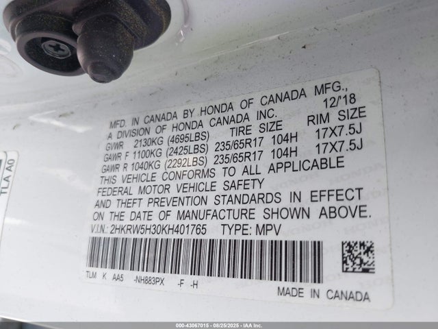 Honda k24w9/k24v9 2019 2HKRW5H30KH401765 Image 9