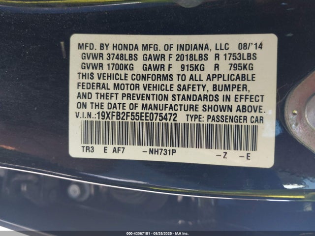 Honda r18z1 2014 19XFB2F55EE075472 Image 9