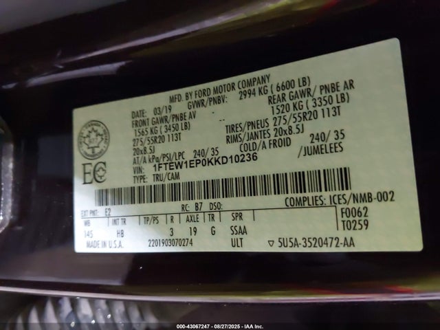 Ford 2.7l-4v 2019 1FTEW1EP0KKD10236 Image 9