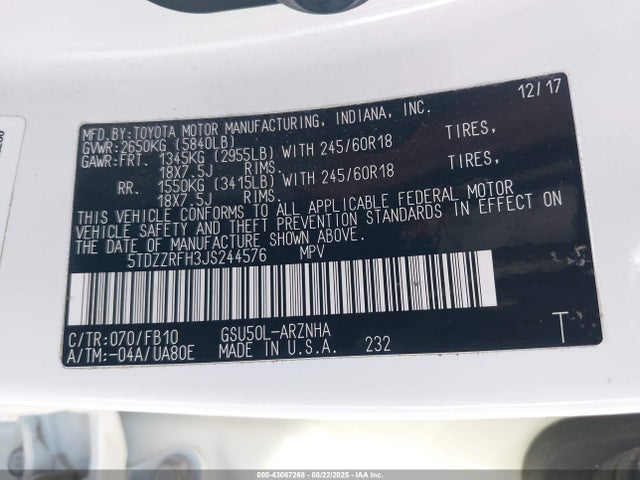 5TDZZRFH3JS244576 Toyota 2gr-fks