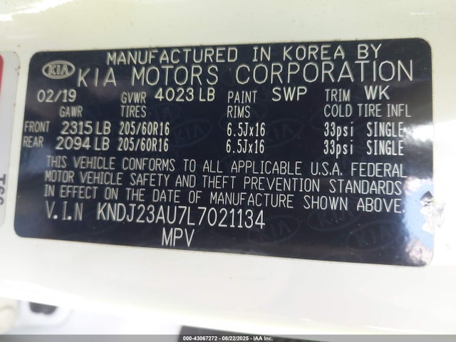 KNDJ23AU7L7021134 KIA mpi nu