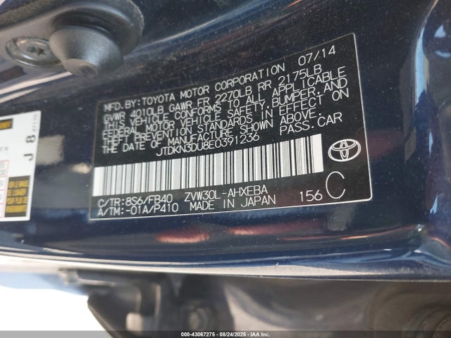 JTDKN3DU8E0391236 Toyota 2zr-fxe+3jm