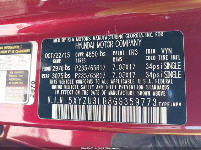 5XYZU3LB8GG359773 Hyundai gdi theta ii