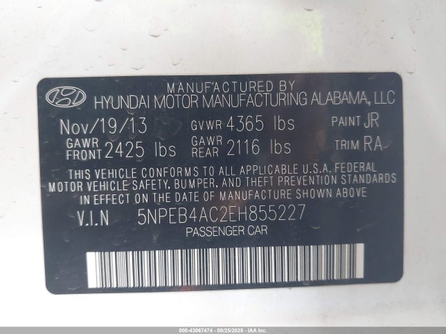 Aukcja sprzedaży 2014 Hyundai Sonata Gls, vin: 5NPEB4AC2EH855227, numer aukcji: 43067474