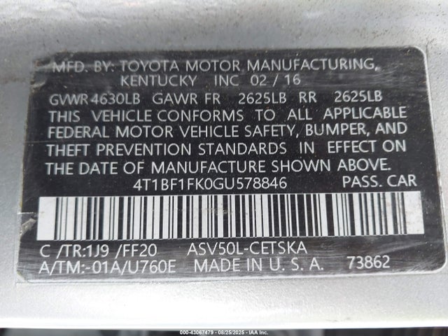4T1BF1FK0GU578846 Toyota 2ar-fe