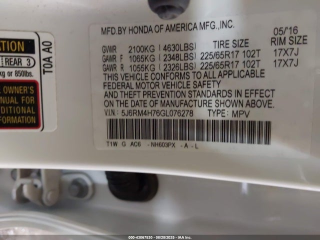 Honda k24w9 2016 5J6RM4H76GL076278 Image 9