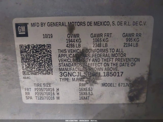 3GNCJLSB6LL185017 Chevrolet luv - mfi, variable valve timing, e85 max, alum