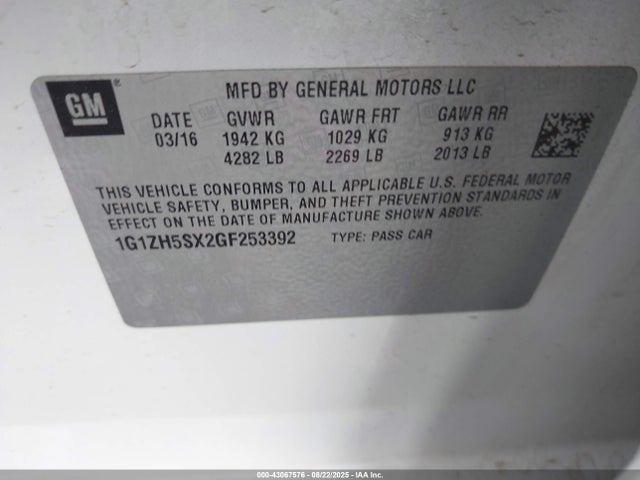 1G1ZH5SX2GF253392 Chevrolet ltg - sidi, alum dohc, vvt, dcvcp turbo, e0-e100, alum